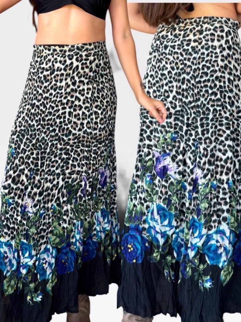 Vintage Angie Beaded Maxi Skirt | Leopard Print & Blue Floral Plus Size 2XL/3XL